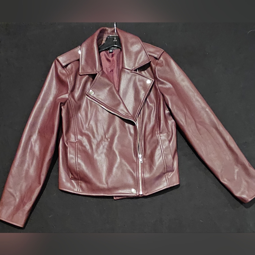 INC Women's Faux-Leather Jacket‎ Burgundy Size Medium